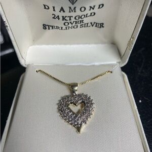New 1/8 CT. Diamond Heart Necklace 24 KT Gold Over Silver